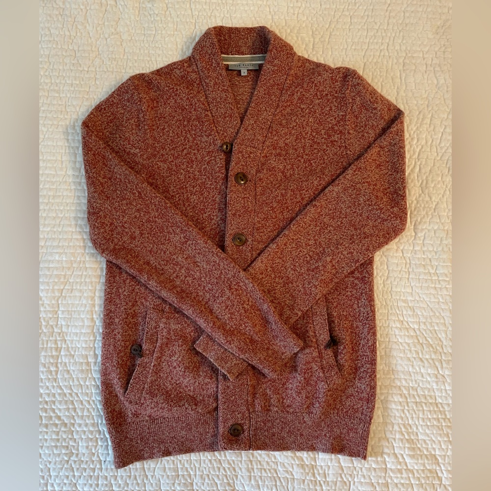 Ted Baker Mens Size 3 (Medium) chunky Full Button cardigan dark red/burnt orange
